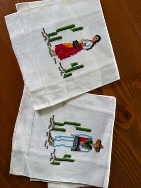 Embroidered Mexican Folk Couple Linen Napkins - White with Red, Blue & Green